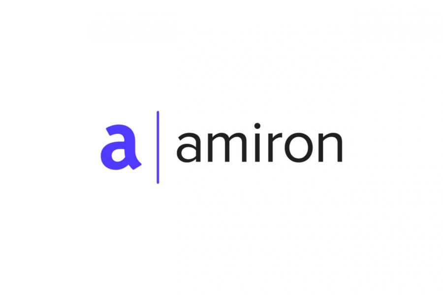 Amiron spelled out with a standout a in purple.