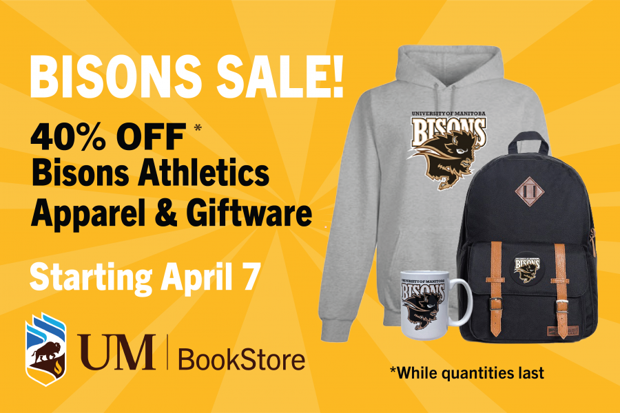 Selected Bisons athletics apparel and giftware 40 percent off starting April 7 