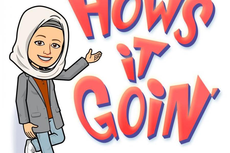 A bitmoji of Samar that says " How's it goin' "