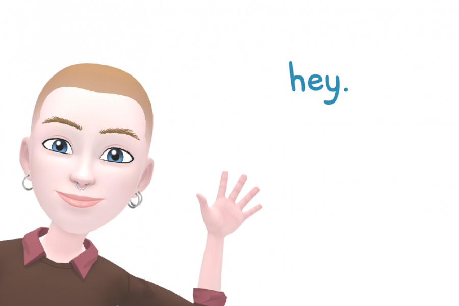 A photo of Rea waving with a "hey" textbox. 