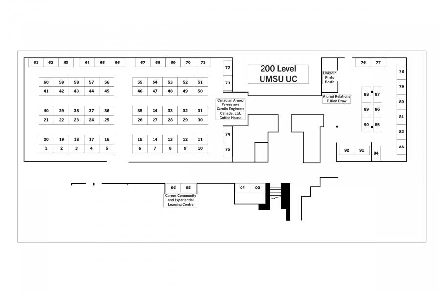 2026 UM Career Fair floor plan with booth numbers 2400x1600