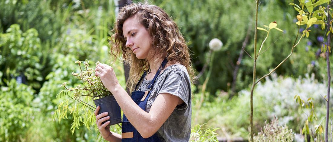 Student working in community garden.