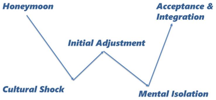 Gullahorn “W Curve” Transition Model: Honeymoon, Cultural shock, Initial adjustment, Mental isolation, Acceptance and integration