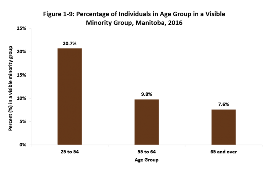 Shown in this bar chart is the percentage of individuals in a visible minority group by age group of 25–44 to age 65 years and over.