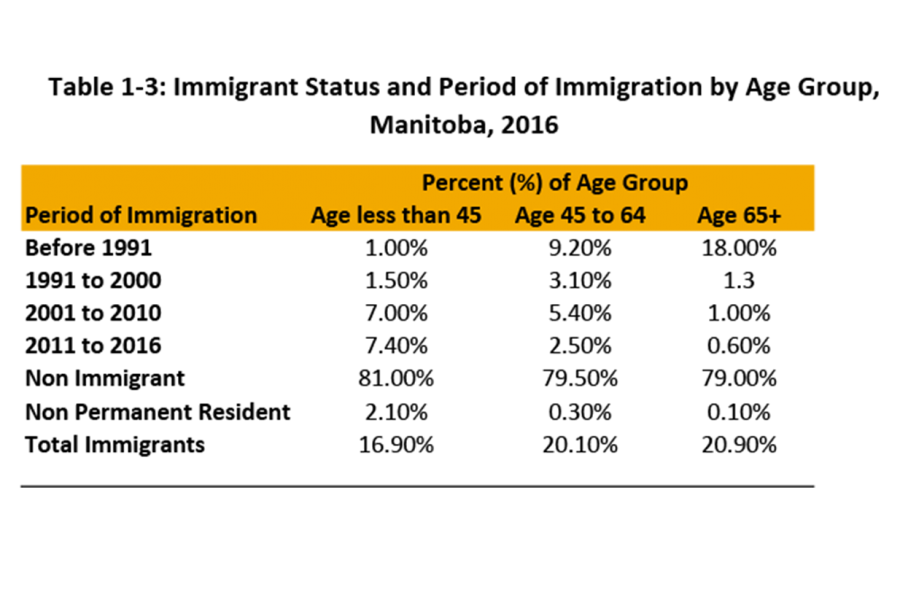 This table shows immigrant status among different age groups during certain periods of immigration, before 1991 until 2011–2016.