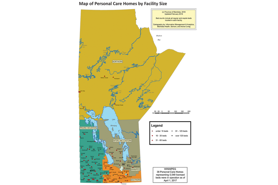 Map of personal care homes in Manitoba by regional health authority