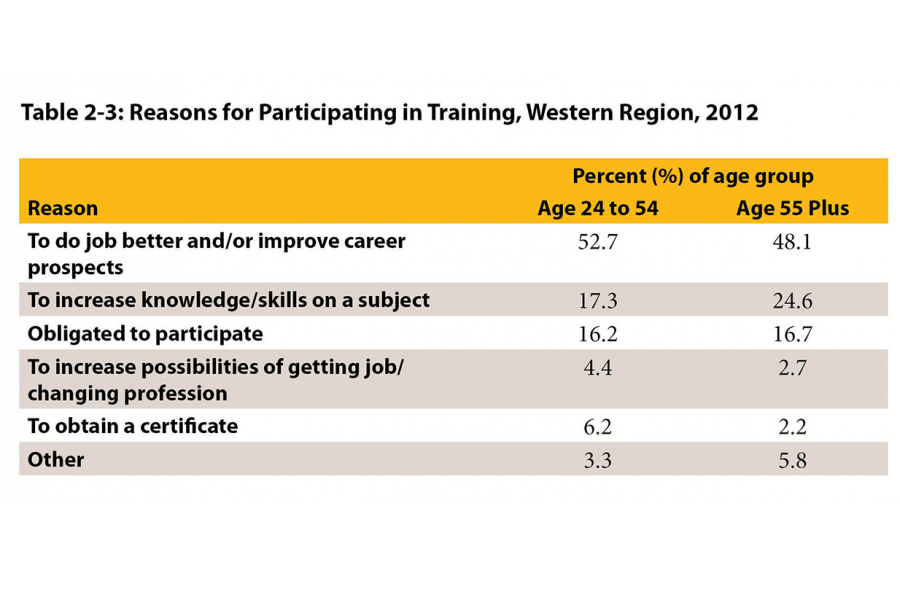 Outlined in this table are the reasons individuals participated in training, such as improve careerp rpospects, increase knowledge, required training, changing professions, obtaining a certificate, or other reasons.