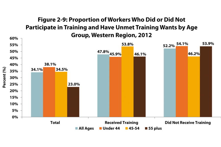 A comparative vertical bar chart shows the proportion of workers by various age groups, who did or did not participate in training and have unmet training needs.