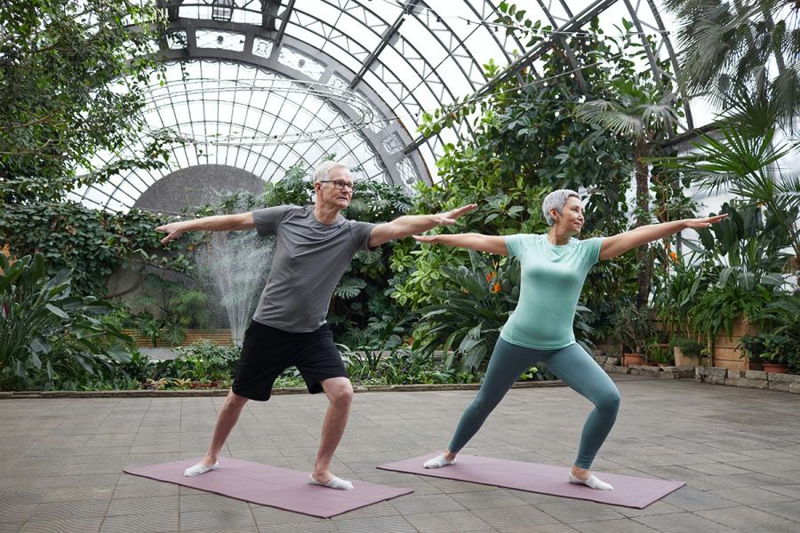 An older couple do yoga indoors