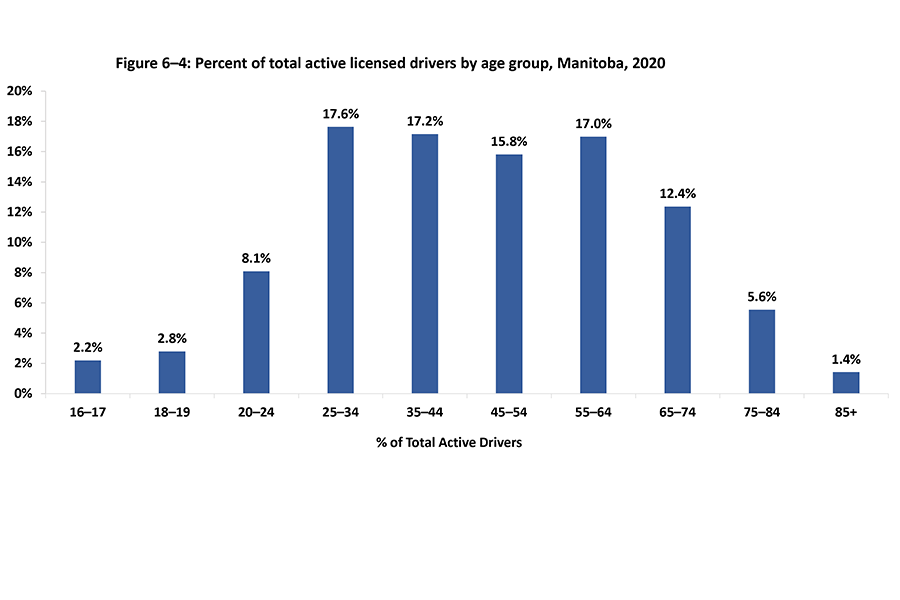A vertical bar graph showing the percentage of total active licenced drivers for 2020 by age starting at age 16 to 85+.  