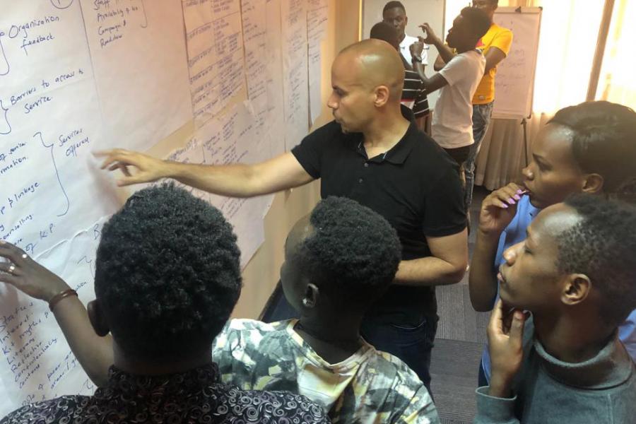Researcher Rob Loraway with community members at a centre in Africa.