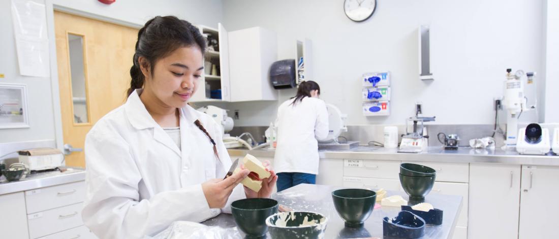 A dentistry student works on a project in a lab.