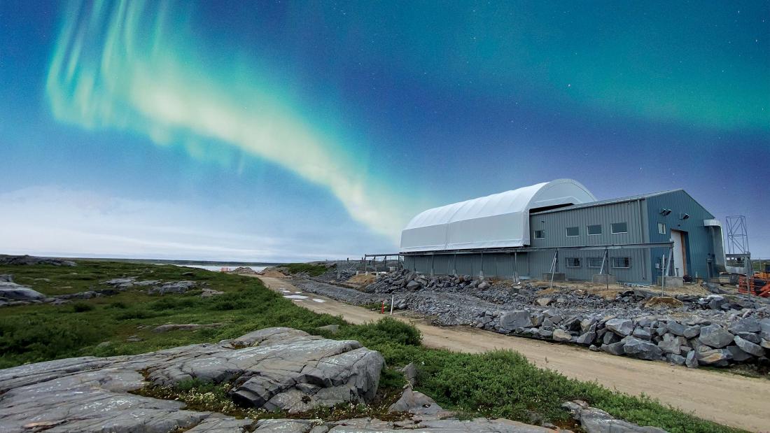 Churchill Marine Observatory with northern lights aurora borealis in the sky