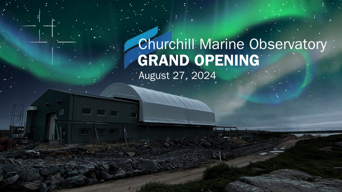 The Churchill Marine Observatory facility stands in an open field as the stars and green Northern Lights shine in the sky.
