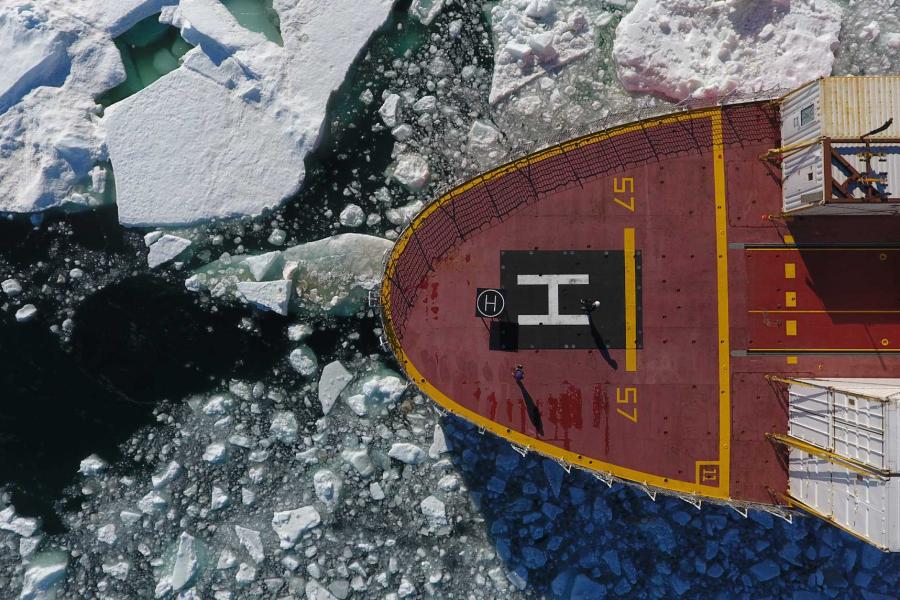 The CCGS Amundsen breaks through sea ice in Hudson Bay.