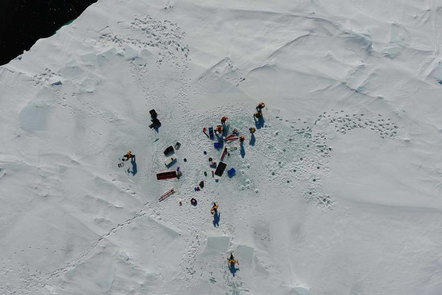 aerial view of baysys team collecting samples of Hudson Bay sea ice.