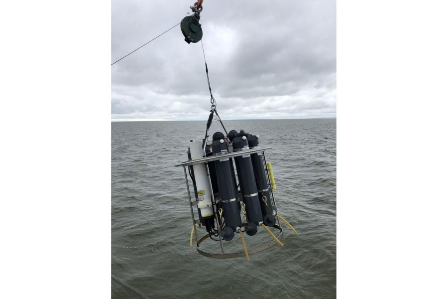 The Rosette of the Namao being lowered into the water.