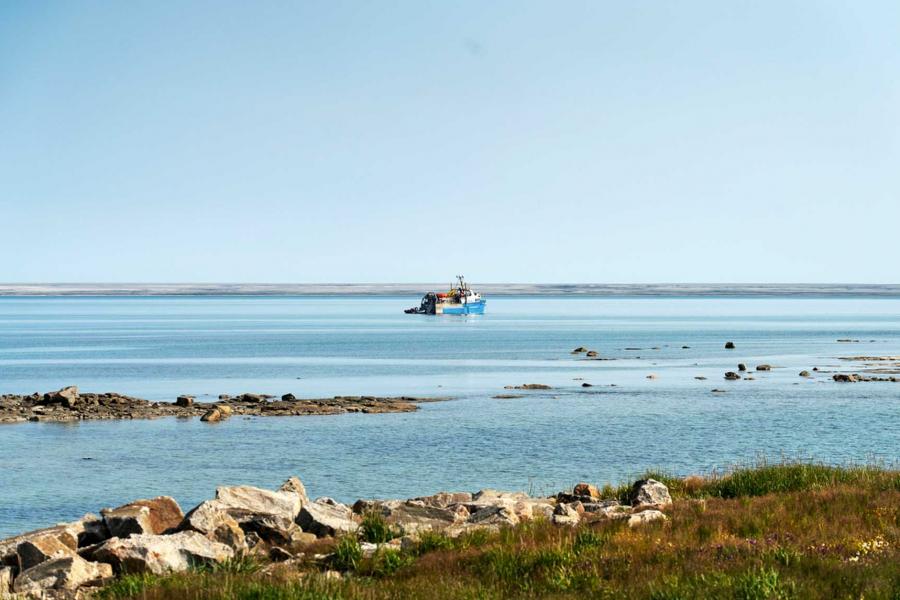 the research vessel William Kennedy as seen from the shore.