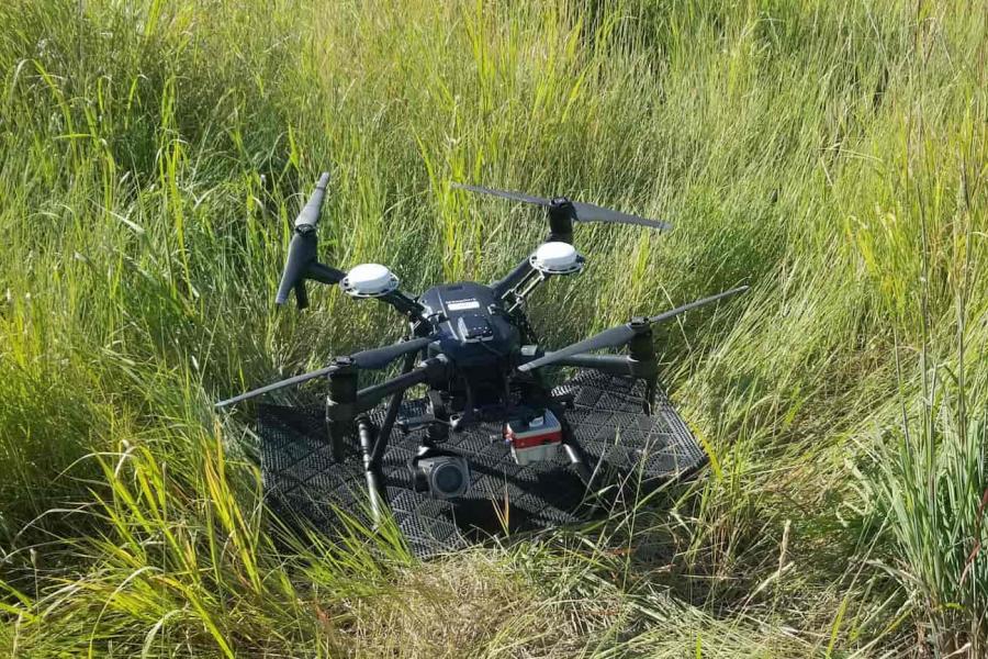 Close look at the drone DJI M210 RTK model in black sitting in tall grass