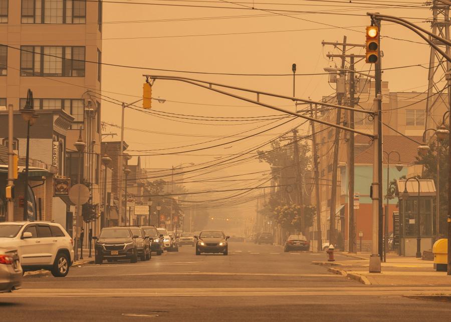 wildfire smoke haze in a city
