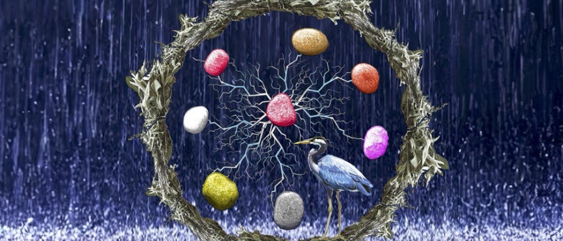 blue heron with stones of wisdom