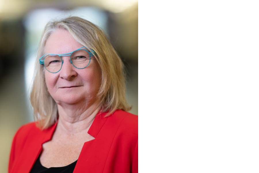 head shot woman with chin length grey hair, waeubg