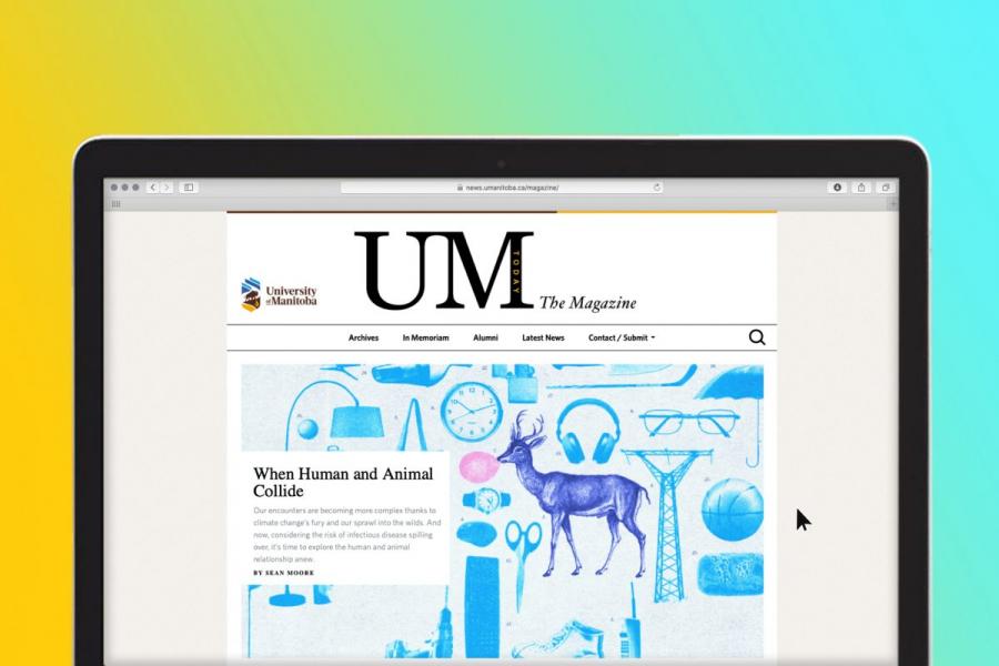 A screenshot of UM Today the magazine online with a colourful background
