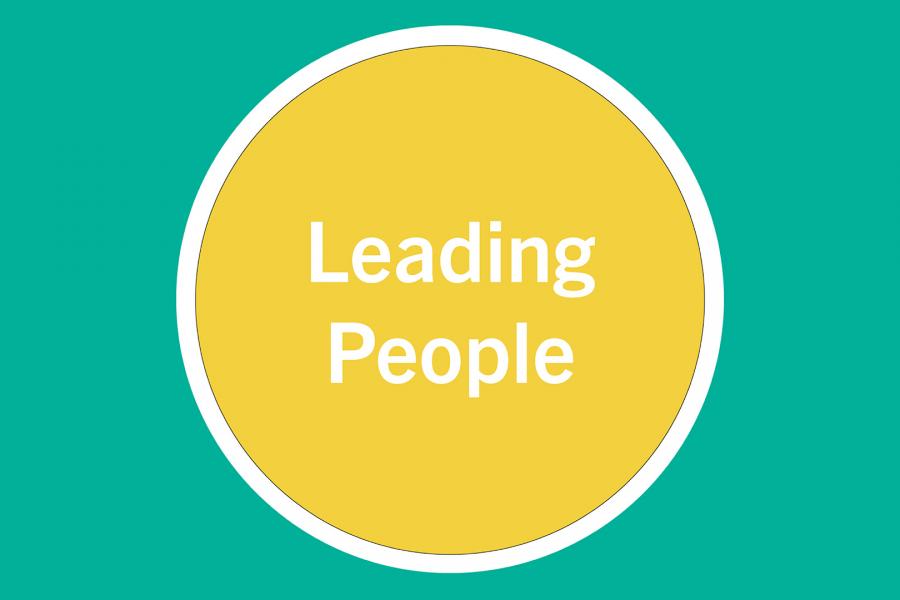Text "leading people" in a yellow circle.
