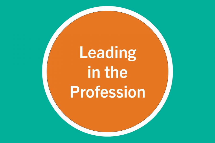 Text "leading in the profession" in an orange circle. 
