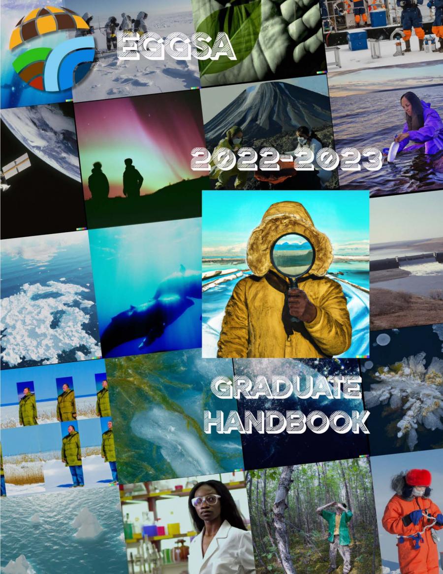 Multiple photos of students working - cover of the 2022-23 Graduate Handbook