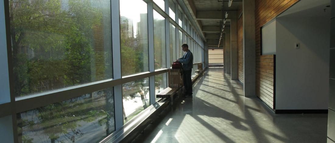 Person looking out window in Apotex building.