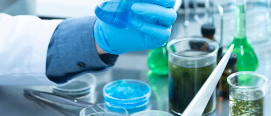 Gloved person holding chemical to conduct experiment.