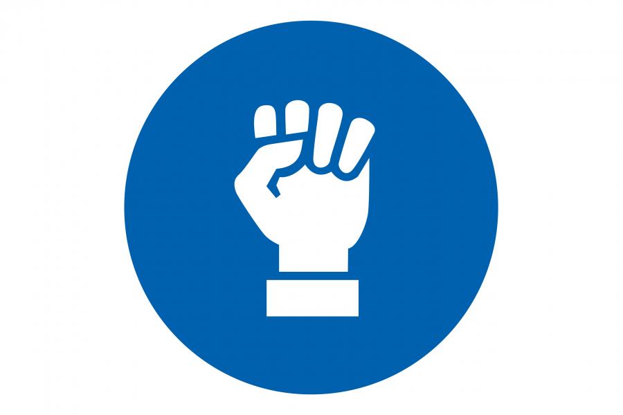 an illustration of a fist raised in the air with a blue background