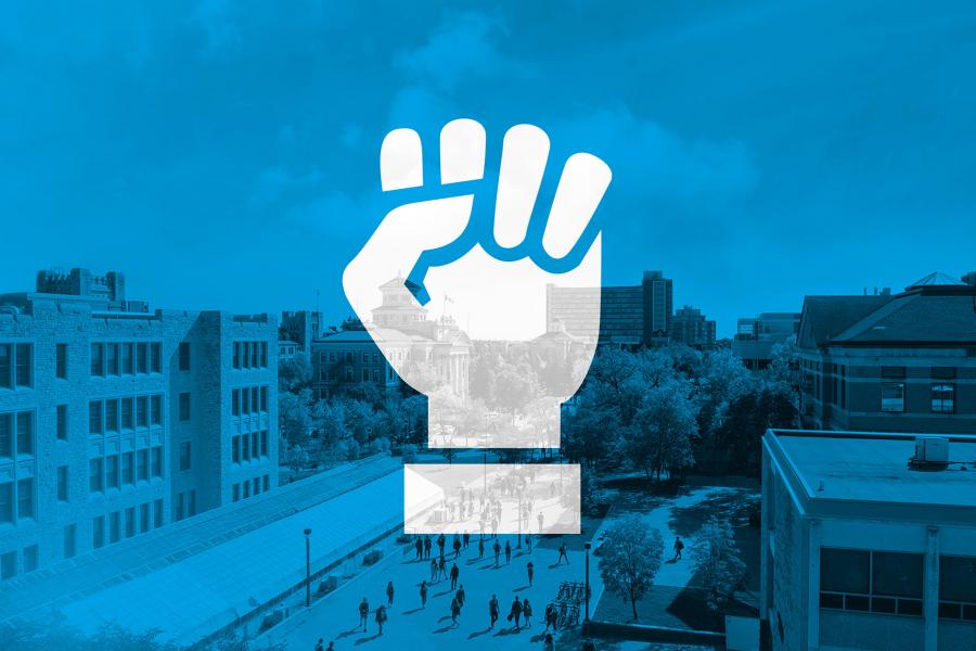 An illustration of a fist raised in the air with a blue background with the Fort Garry campus in the background.