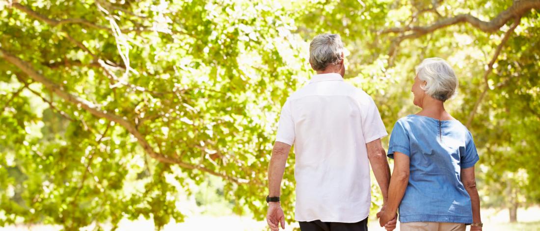 Two older adults walking together in a lush green park.