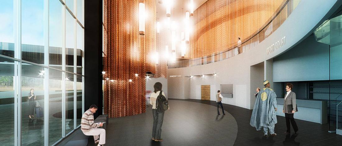 Muslim cultural centre lobby rendering, with curtain wall, elevated walk-way and signs reading 'banquet hall' and 'sport court'.