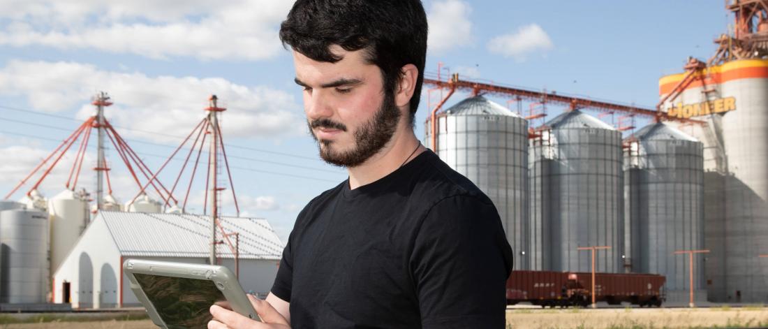 An agribusiness student stands in a field looking at a tablet device. 