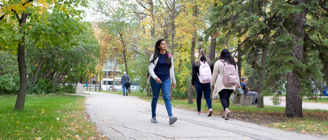 Students walk along a pathway to and from class. 