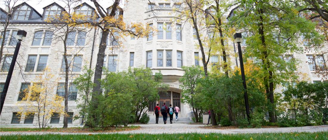 Students entering the Tache Arts building at the University of Manitoba Fort Garry campus.