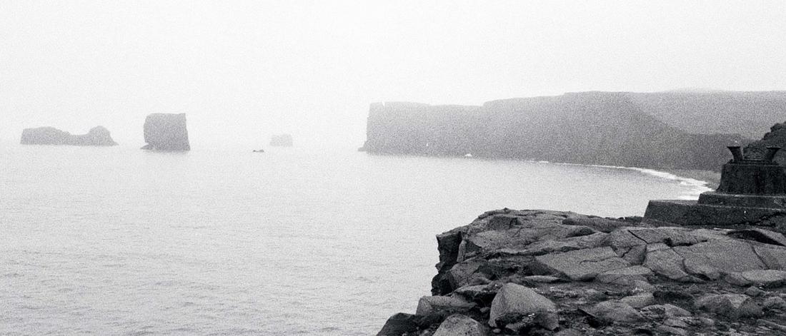 Icelandic shoreline in black and white.