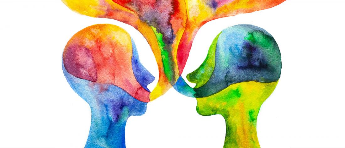 Watercolour painting of two head silhouettes facing each other with colour coming out of their mouths forming a cloud above them.