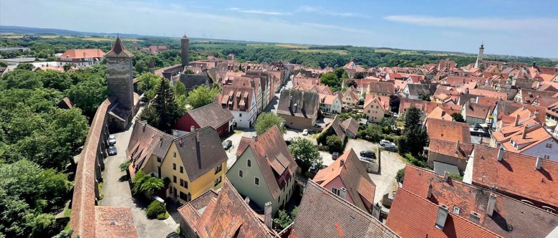 Aerial view of German town showing narrow streets and brown roofs.