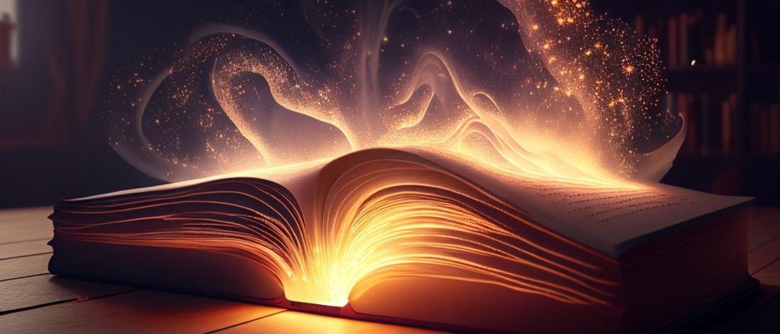 Open book with light shining and mythical dust and lights emanating above the pages. 