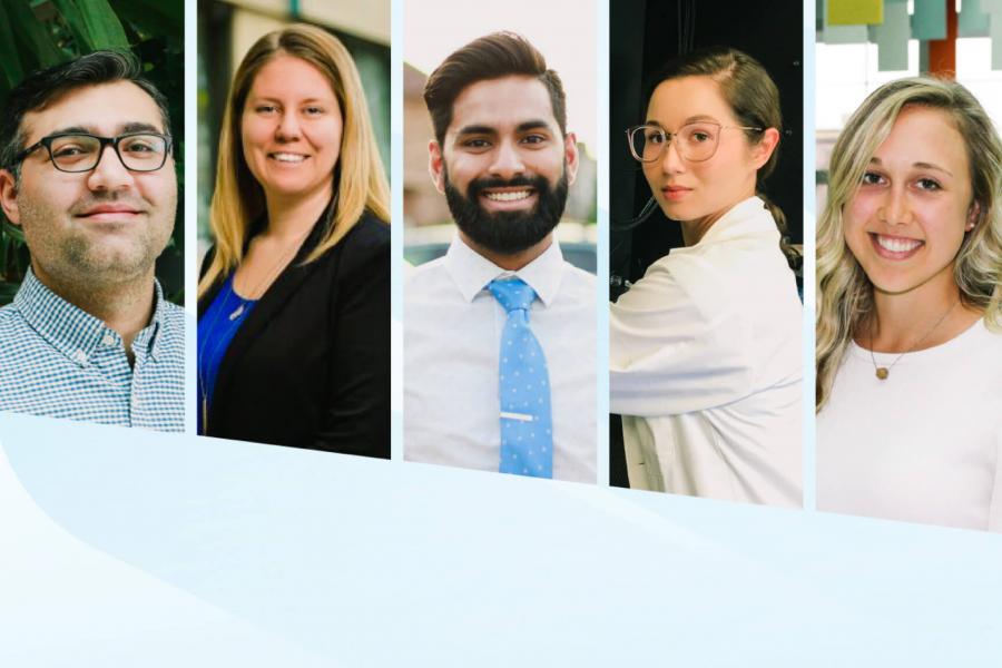 The University of Manitoba 2020 Vanier Scholars from left to right: Javad Alizadeh, Ashley Hayward, Belal Zia, Rachel Nickel, Sarah Turner.