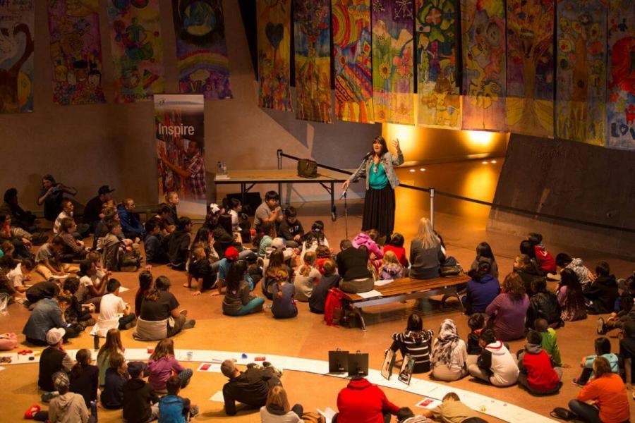 Dovie Thomason, The University of Manitoba's Centre for Creative Writing and Oral cultures  writer-in-residence  speaking at an event.