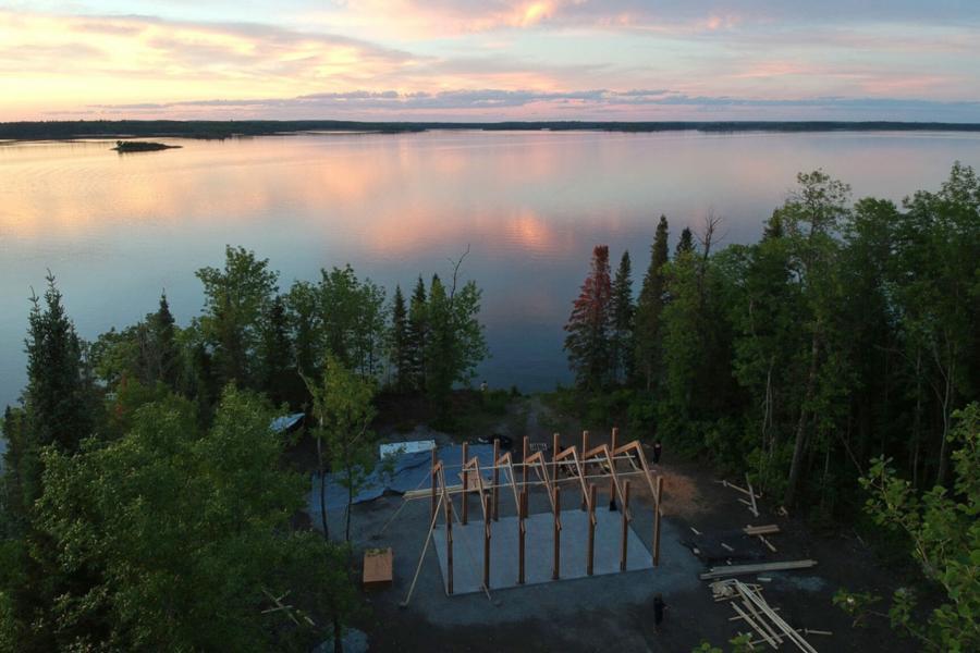 A feasting pavilion in the progress of being built at the Manitoba and Ontario border of Shoal Lake.