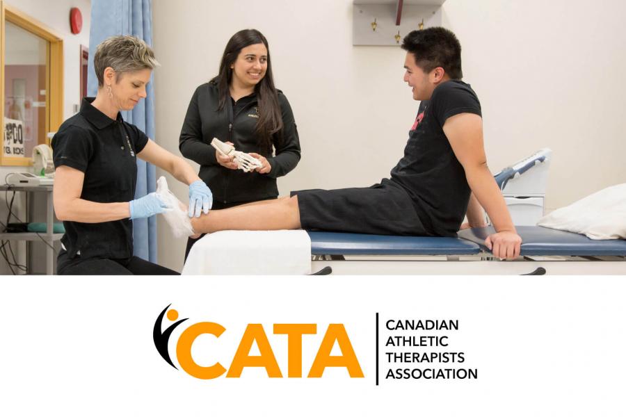 Two athletic therapists assist a patient with his foot. The orange and black Canadian Athletic Therapists Association is below the image.