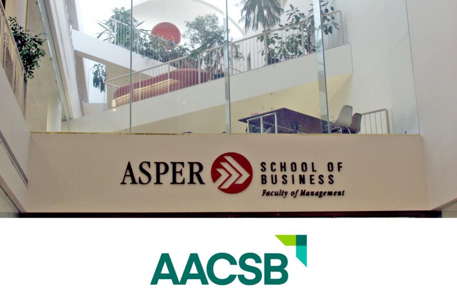 A photo of the Asper School of Business and the logo for the Association to Advance Collegiate Schools of Business.