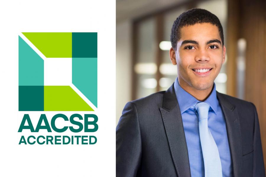 The AACSB logo is placed beside a photo of a smiling student.