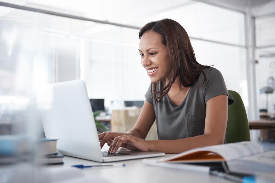 Woman on computer.